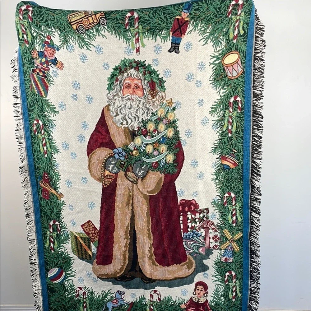 Vintage Goodwin Weavers Santa Claus Woven Cotton Throw Blanket Christmas Fringe‎